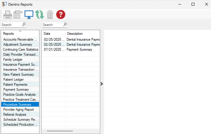 Dentrix Reports window with Procedure Summary selected