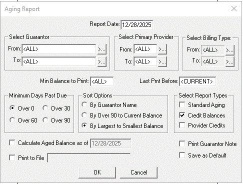 Dentrix Credit Balance Report Dialog